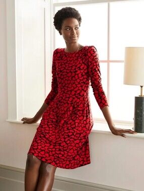 Boden Red Black Floral Jersey Long Sleeve Dress, 12